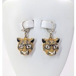 Rhinestone Tiger Head Earrings Yellow 80s Retro Maximalist Dongle